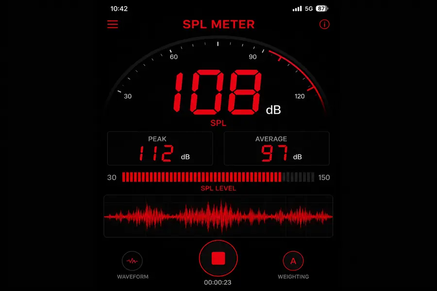The 2StepCheck phone app showing a live sound-level meter