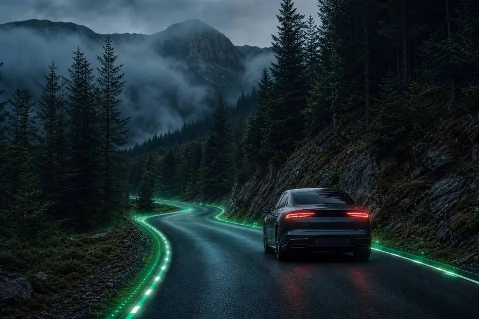 A dark sedan on a misty mountain road with glowing green lane markings