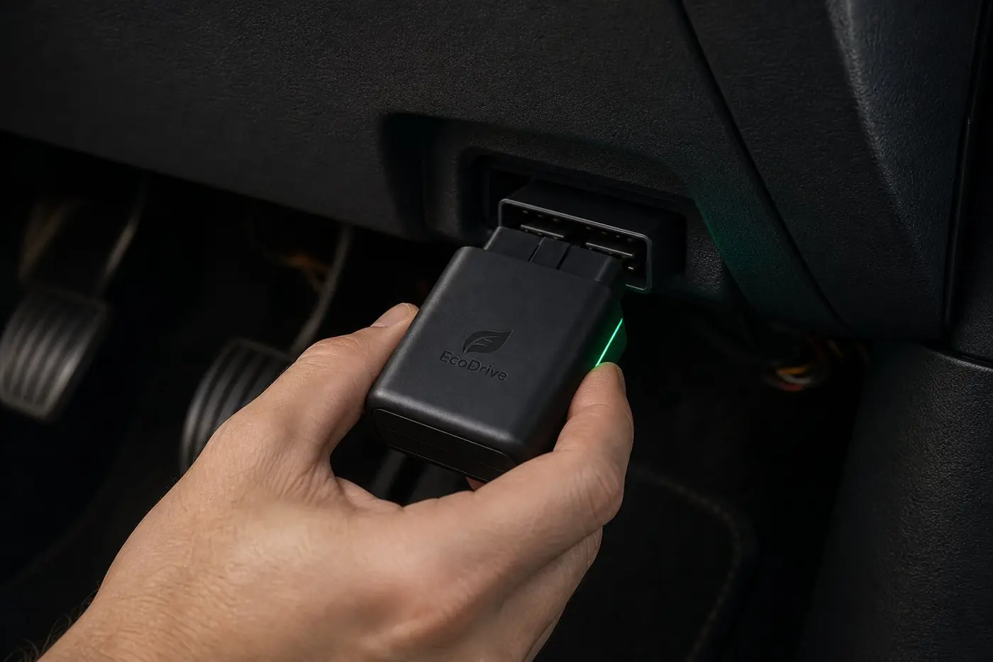 Plugging the EcoDrive device into a car’s OBD-II port