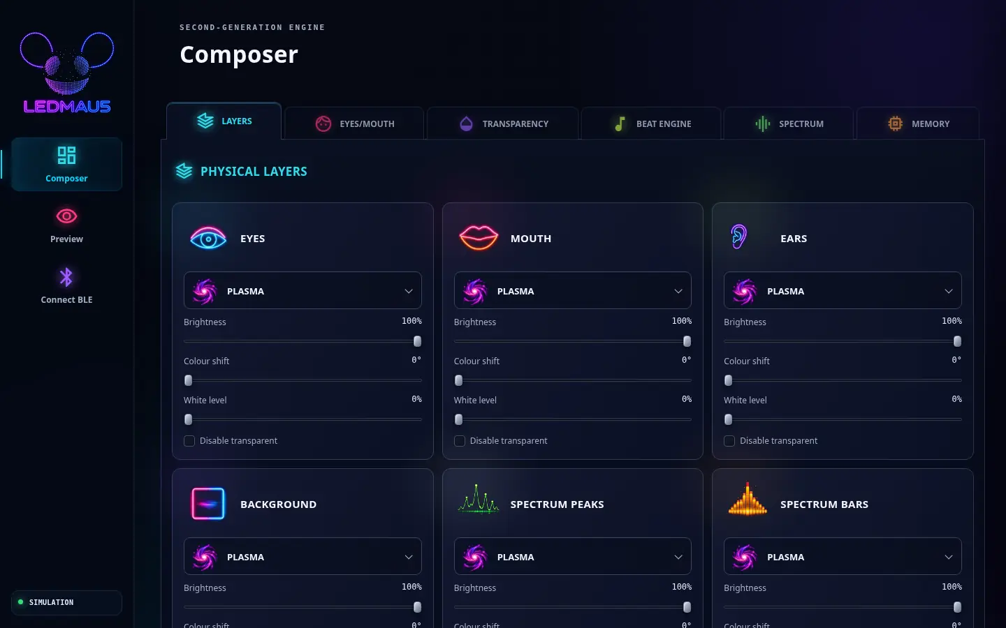 The LEDMAU5 composer showing effect layers for the eyes, mouth, ears and background