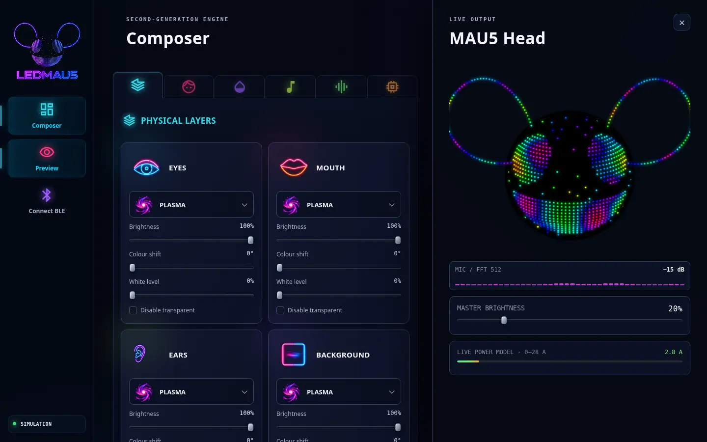 The LEDMAU5 controller app showing the layered effect composer beside a live preview of the LED head