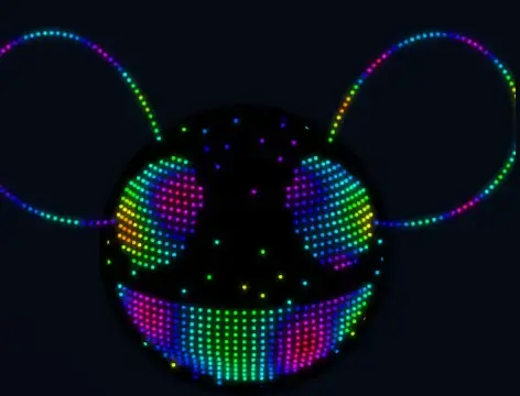 Live preview of the LEDMAU5 head in the app, showing rainbow-coloured eyes, mouth and ears