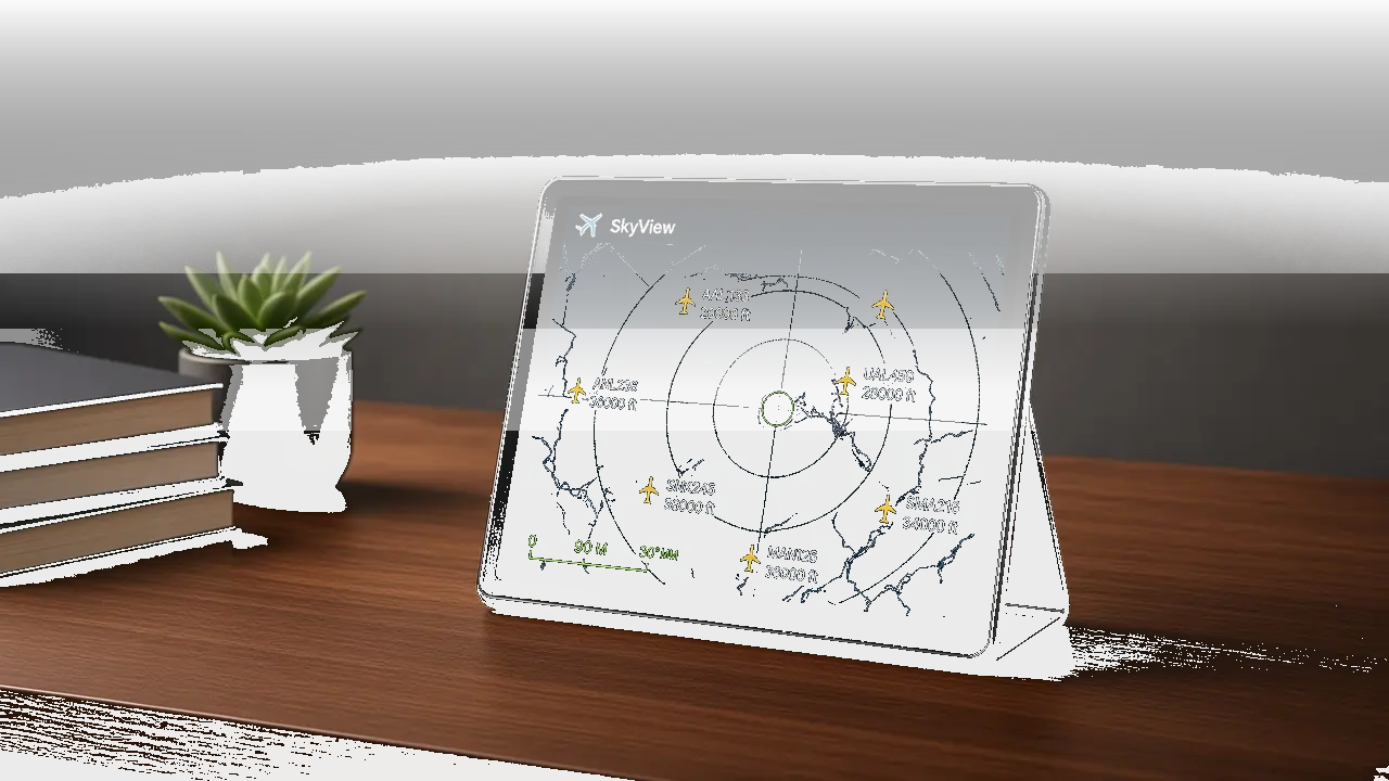 The SkyView display on a desk beside a laptop, showing live aircraft