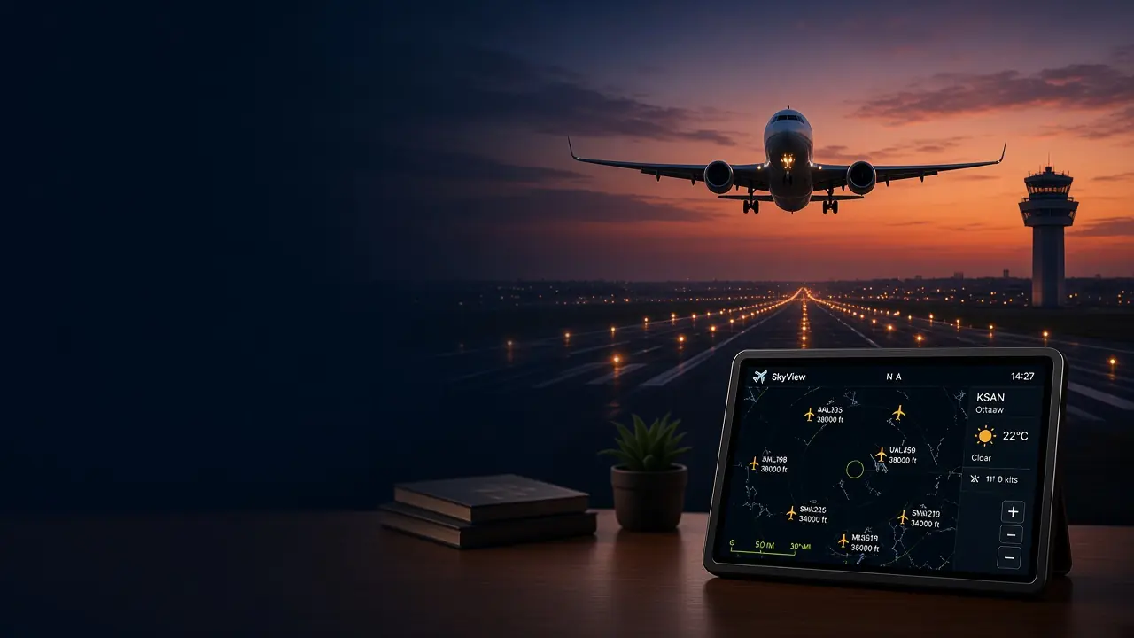 The SkyView square radar display on a desk at sunset, with an airliner on approach over a runway behind it