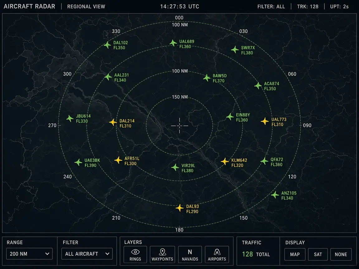 The SkyView radar screen showing live aircraft around a chosen location