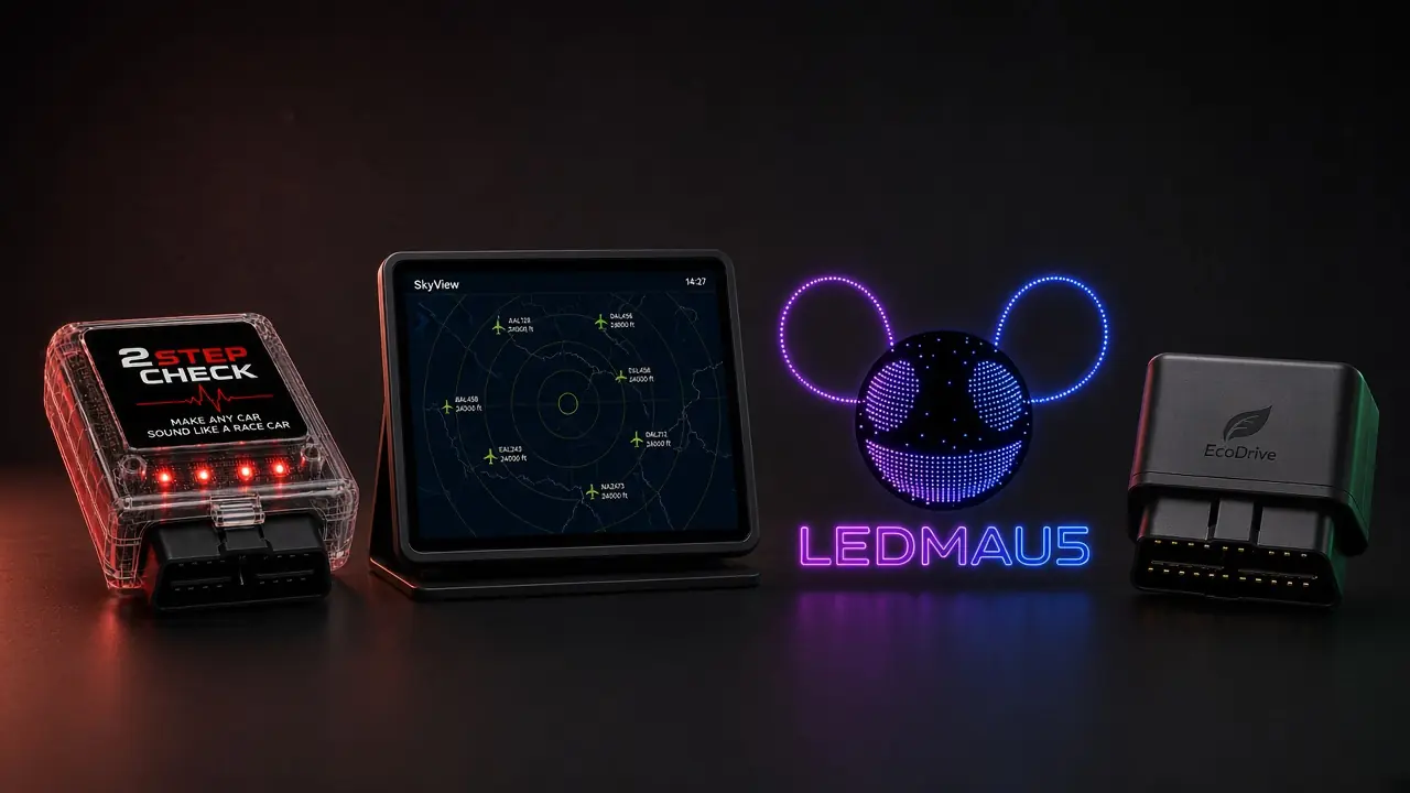 The four Mind Factory products together: the 2StepCheck OBD-II device, the SkyView radar display, the LEDMAU5 LED head and the EcoDrive logger