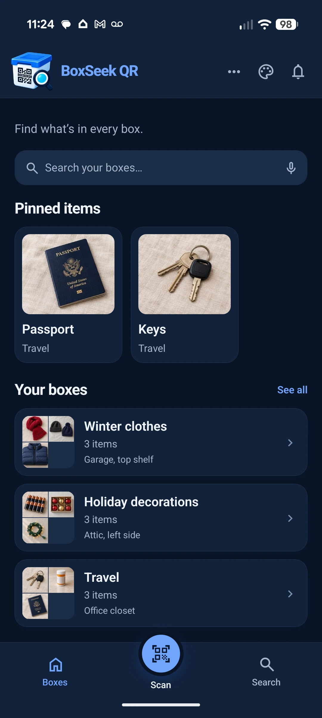 Home screen in the BoxSeek QR app