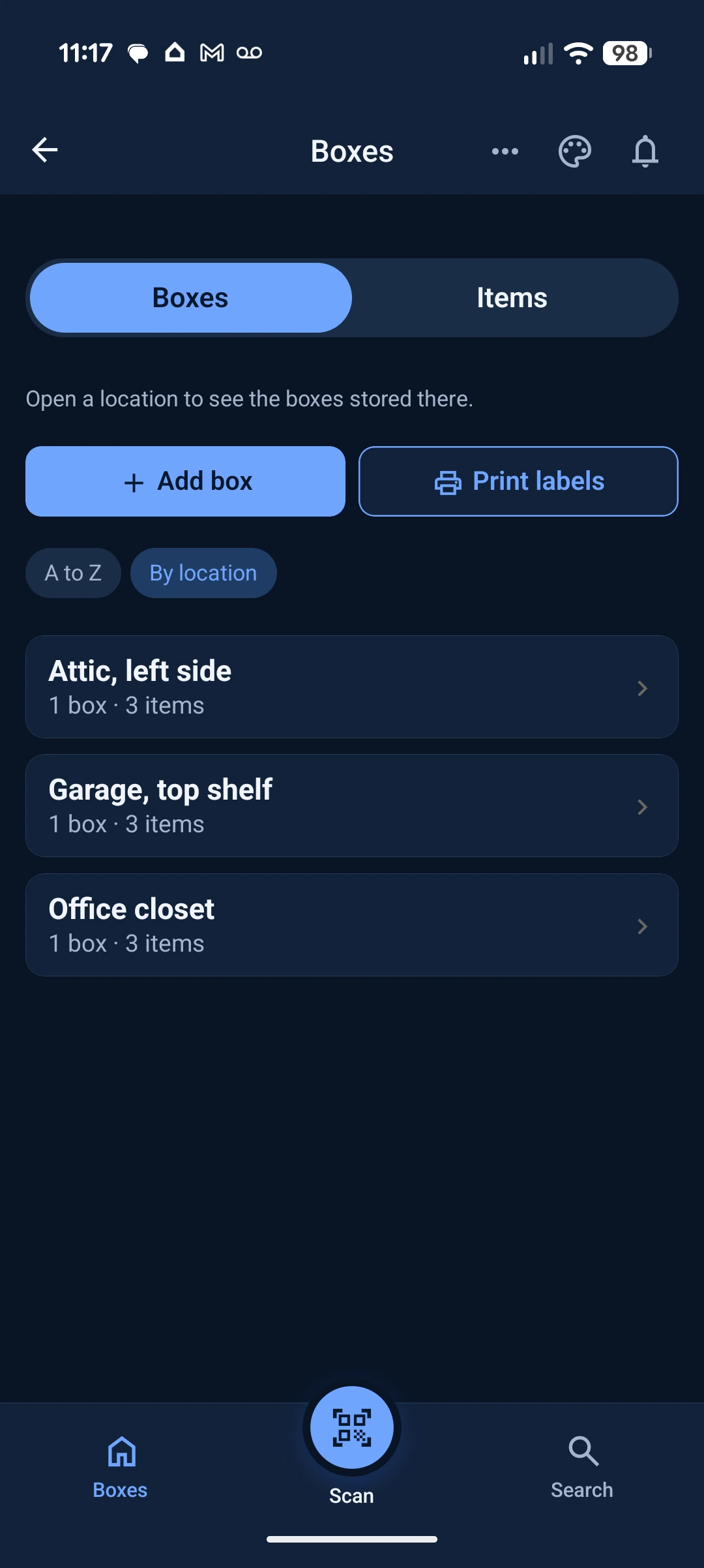 Boxes grouped by location