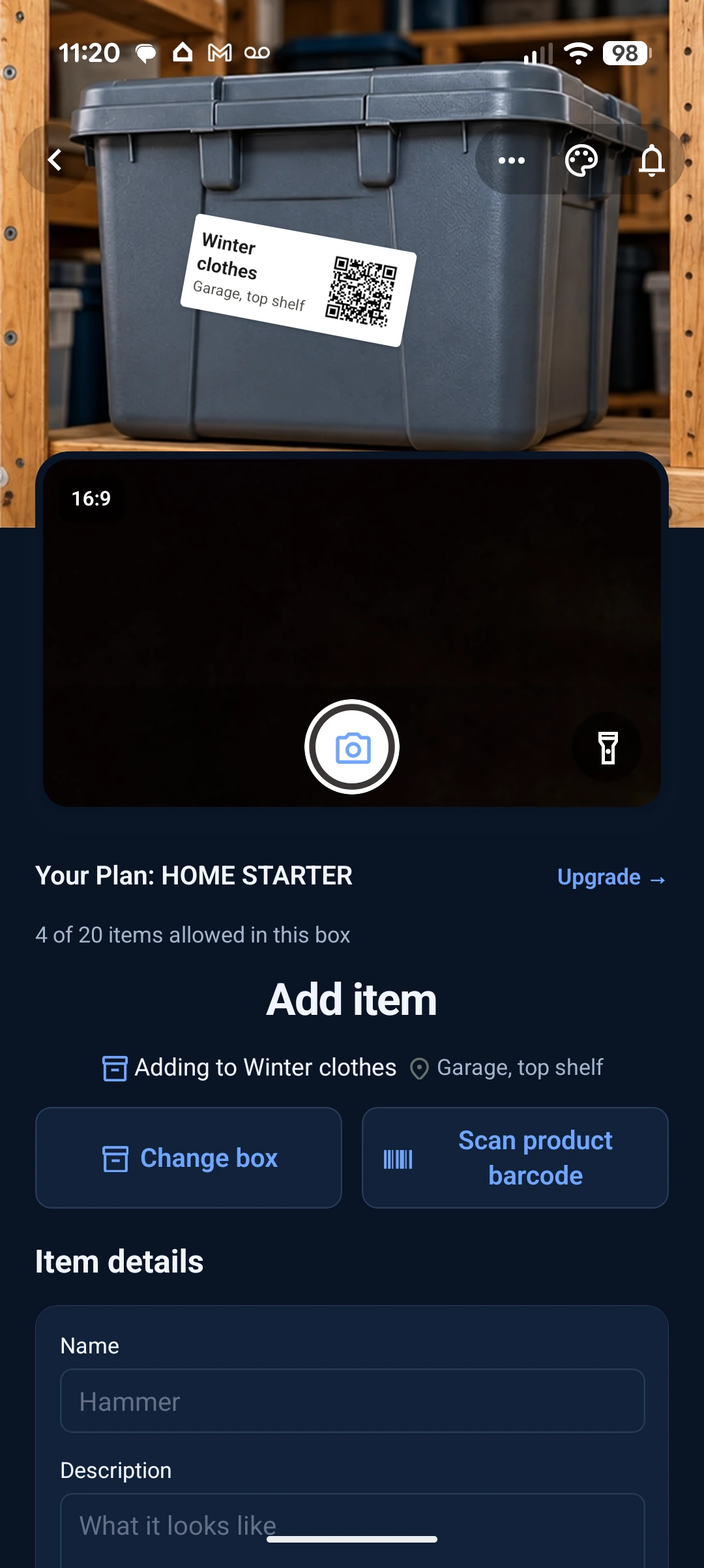 Adding an item, with the camera