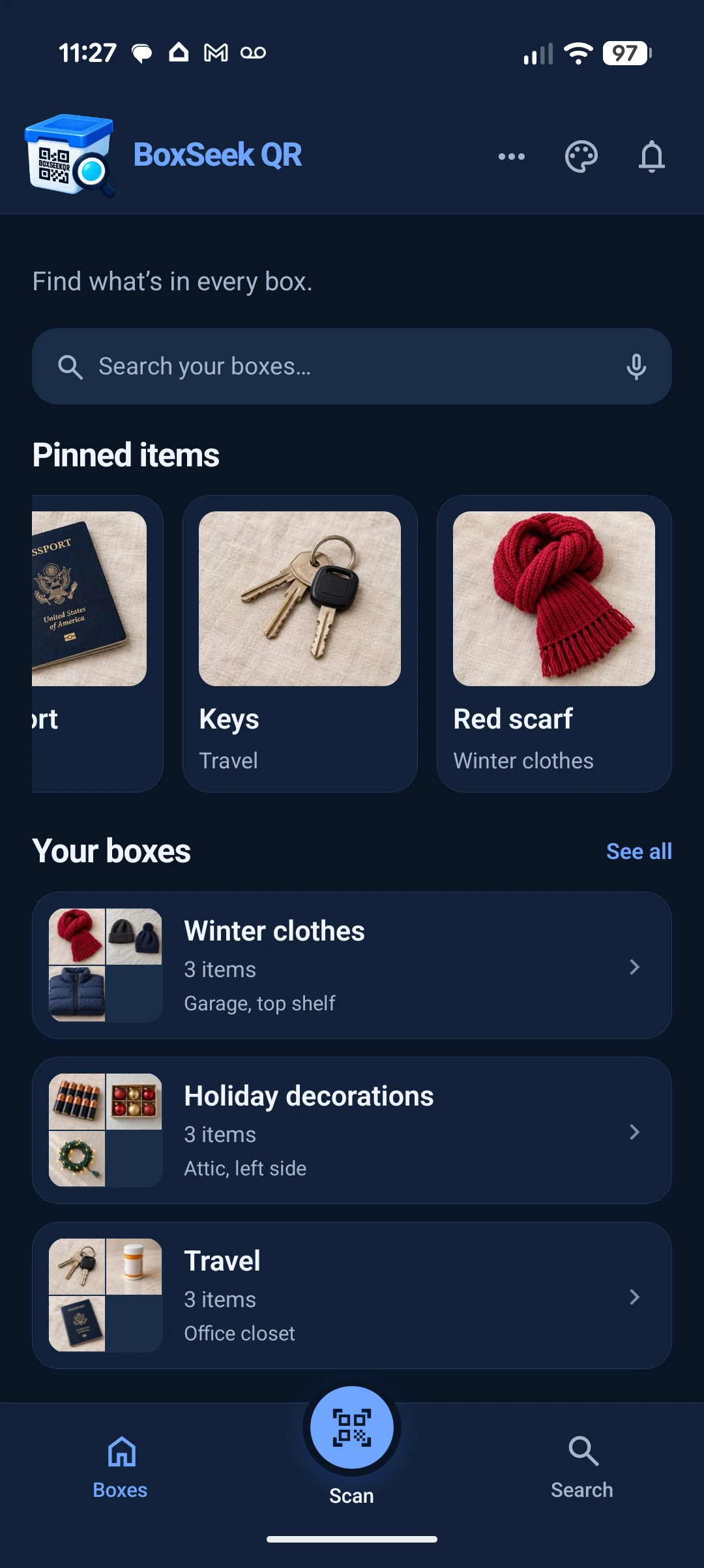 Pinned items on Home, including the scarf