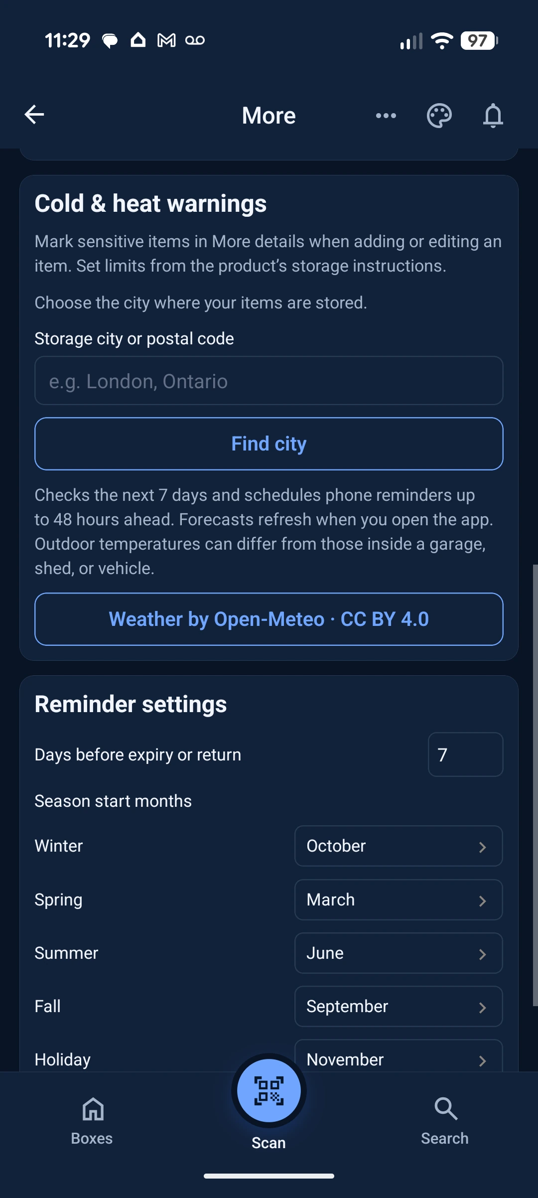 Weather and the start of reminder settings