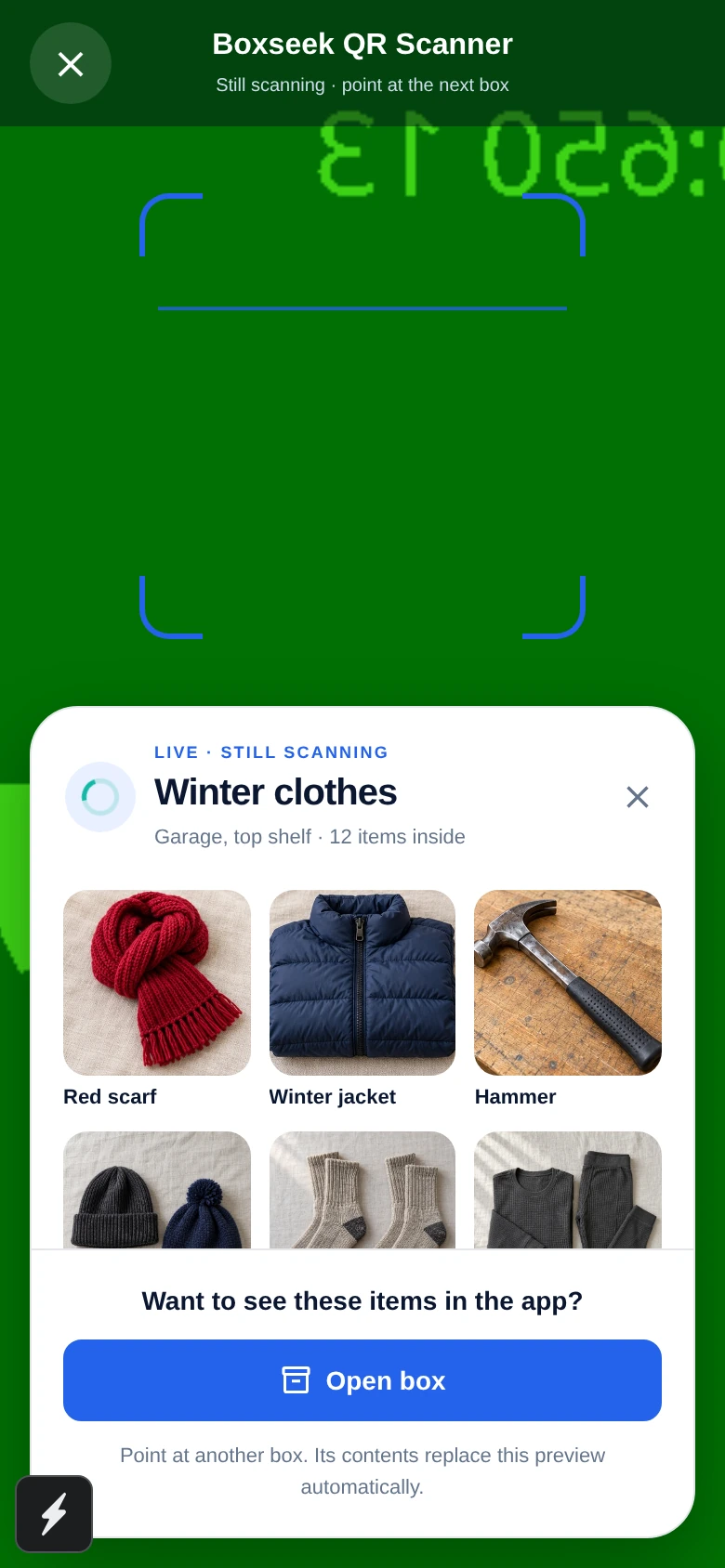 Live Scan contents preview in the browser, using sample inventory and a simulated camera feed.